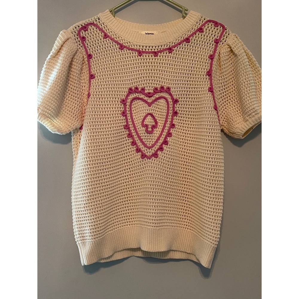 Lalavon Cream Knit Puff Sleeve Heart Mushroom Sweater Pink Embroidery